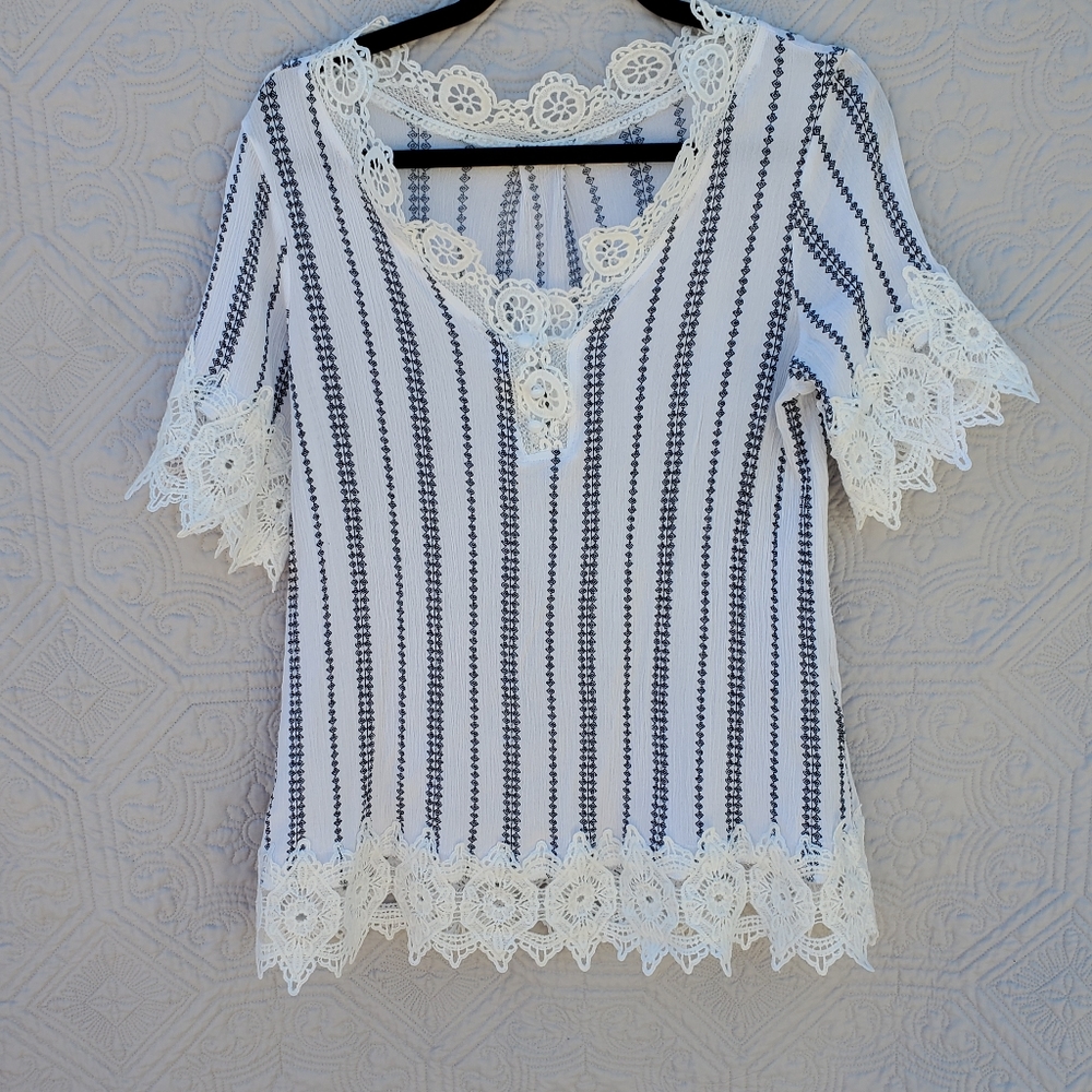 White with blue stripes womens top